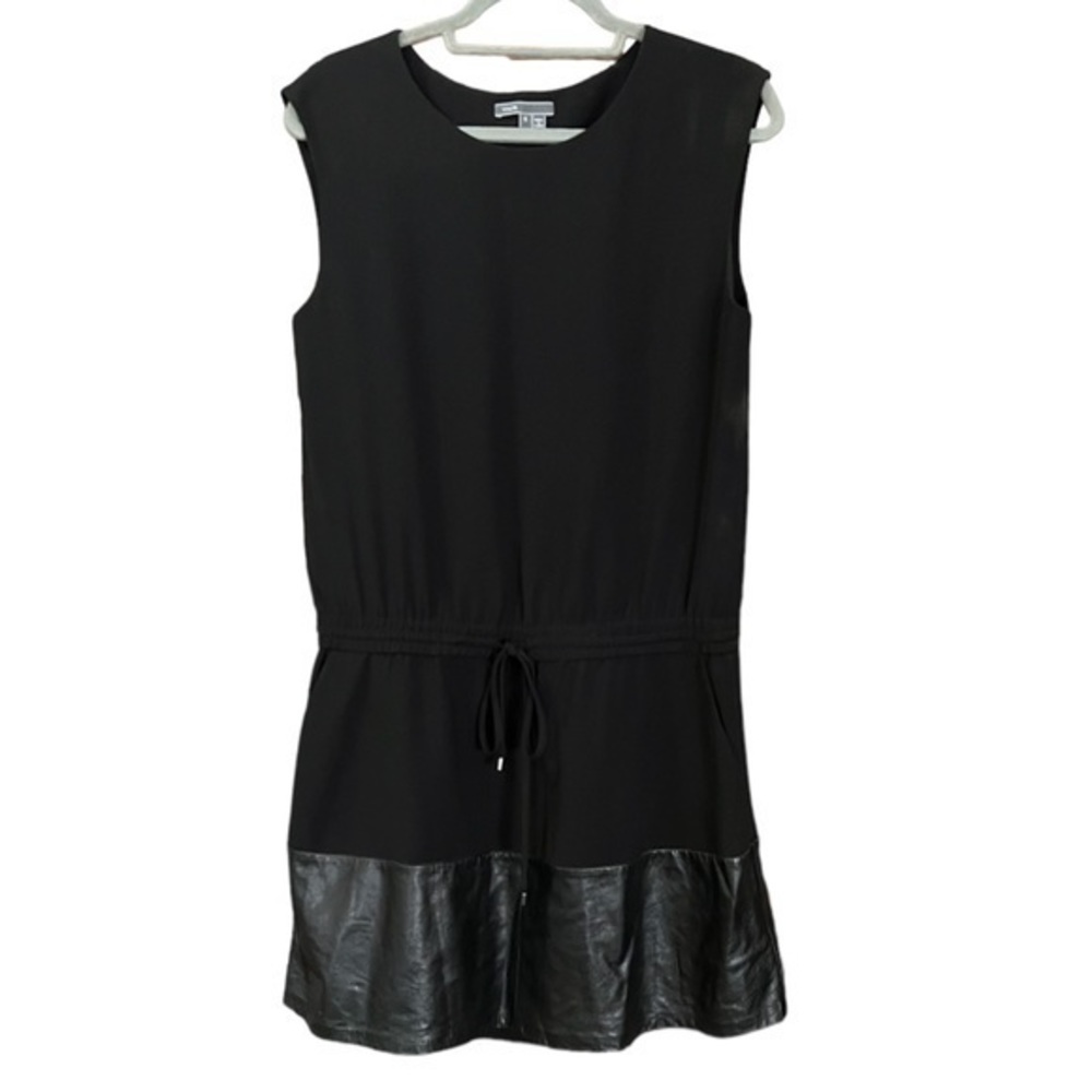 Vince Women’s Black Leather Hem Drawstring Waist‎ Shift Dress Size Small